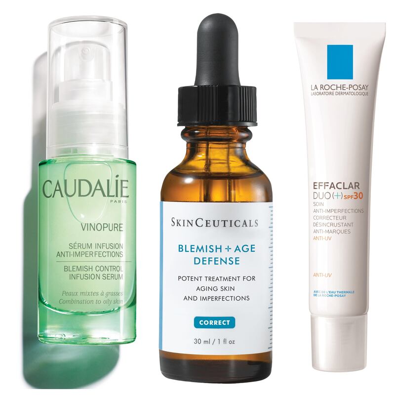 Caudalie Vinopure Serum (€31 at Arnotts); Skinceuticals Blemish + Age Defense Treatment (€90 at skinceuticals.com); La Roche Posay Effaclar Duo + SPF 30 (€18.50 at Boots)