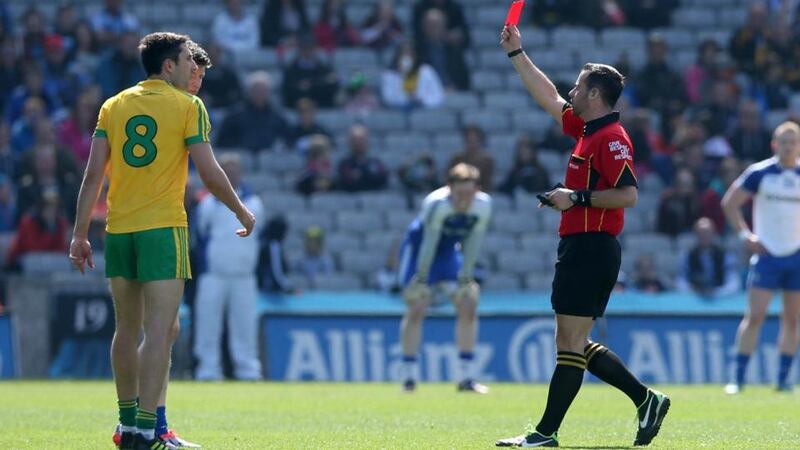 Donegal’s Rory Gallagher is sent off by referee David Gough during the Allianz Football League Division 2 Final against Monaghan at  Croke Park. Photograph: Donall Farmer/Inpho