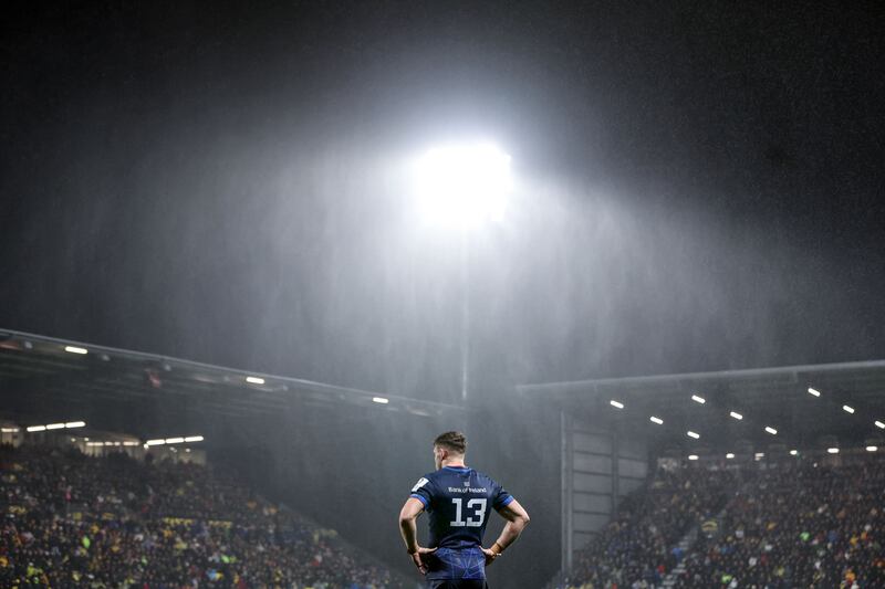 The rain pours down at Stade Marcel Deflandre as Leinster's Garry Ringrose looks on during the Investec Champions Cup game against La Rochelle. Photograph: Dan Sheridan/Inpho