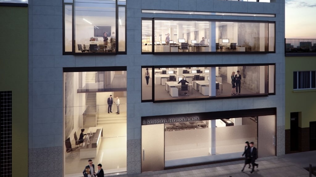 Office block at 5 School House Lane in Dublin city centre: the facade is distinguished by large glass panels and a roof terrace.