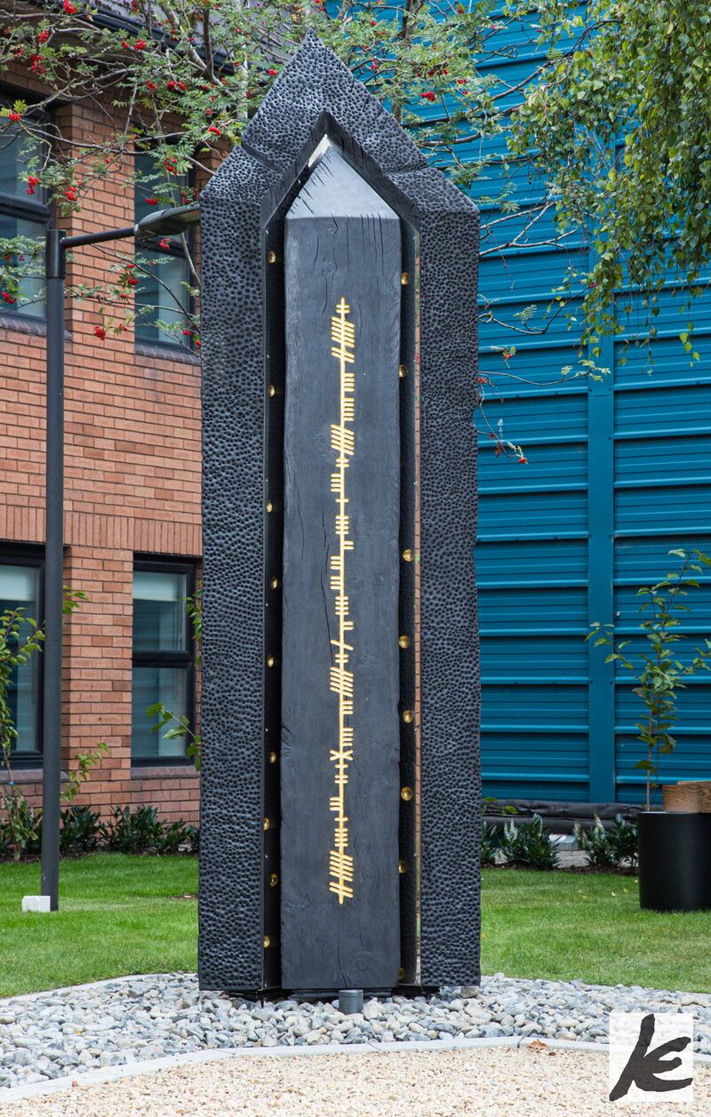 Cuimhní Cinn, Ebonised Irish Oak with stainless steel and 23.5 carrot gold leaf at the Memory Garden in Sisk HQ. Pic Fran Morrin