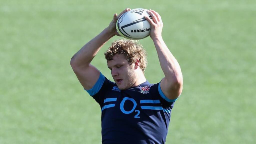 Joe Launchbury, who replaces the injured Geoff Parling in the third test against the All Backs, catches the ball during the England captain’s run at the Waikato Stadium. Photograph: David Rogers/Getty Images