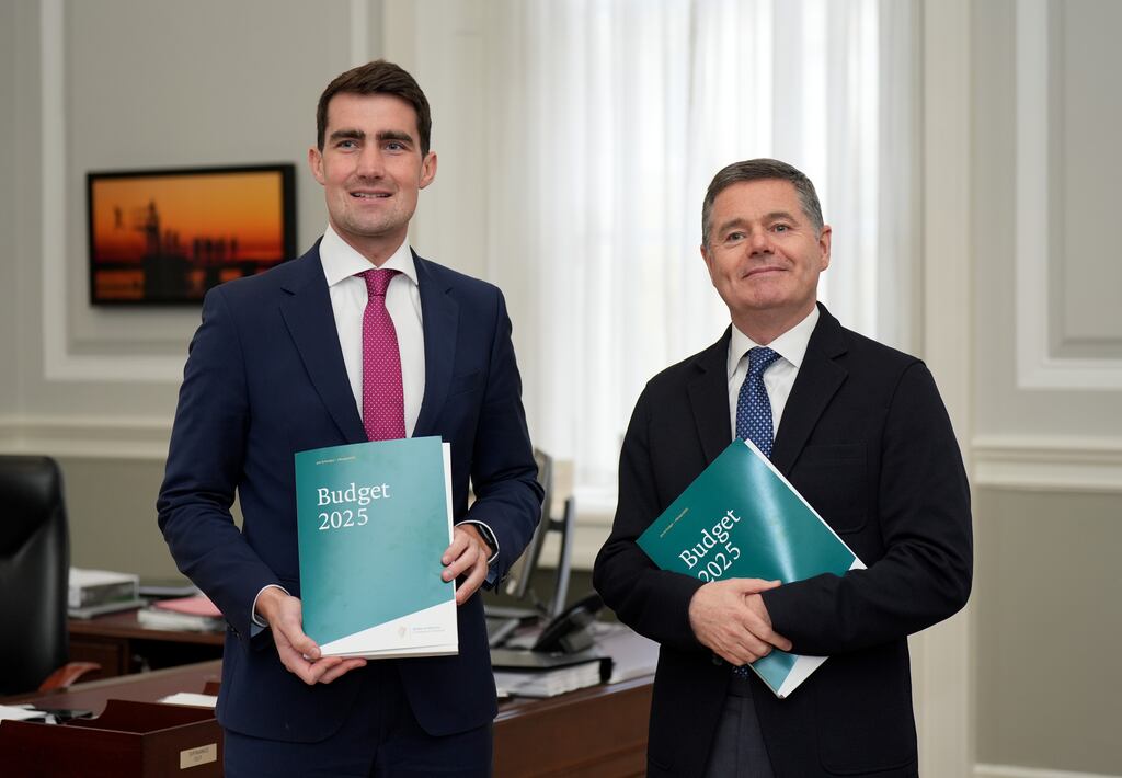 Minister for Finance Jack Chambers, left, and Minister for Public Expenditure Paschal Donohoe pictured on the eve of Budget 2025. A giveaway budget is being planned. Photograph: Niall Carson/PA Wire