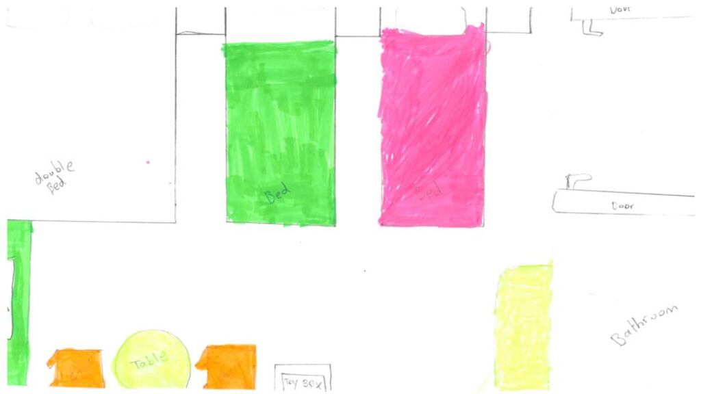 “We’re like sardines in a can”: Claire’s hotel room, drawn by her son