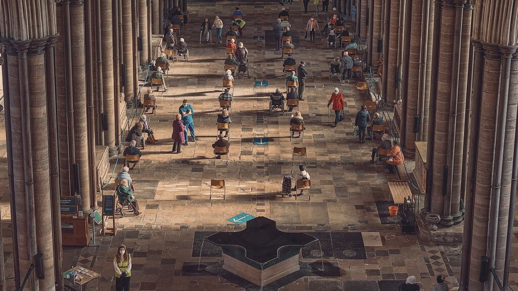The cathedral in Salisbury, England, which is being used as a vaccination centre. Photograph: Tom Jamieson/The New York Times