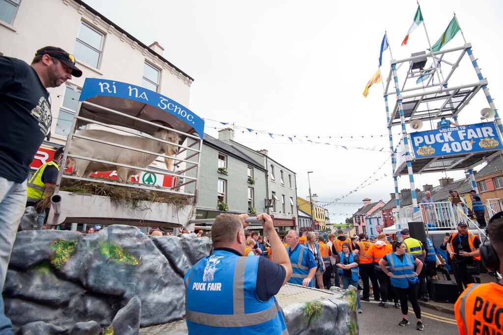 The goat is carried to the stand, ready to be crowned King Puck. Photograph: Don MacMonagle