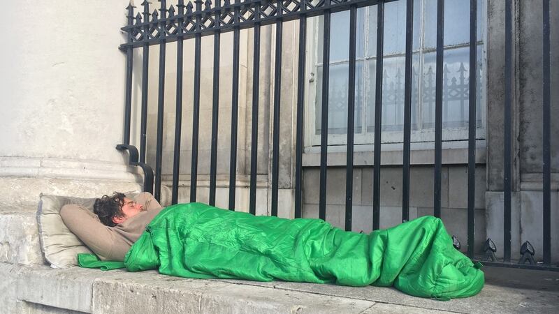 A scene outside the Custom House this morning as Minister for Housing Eoghan Murphy conducted a summit on housing and homelessness. Photograph: Cyril Byrne