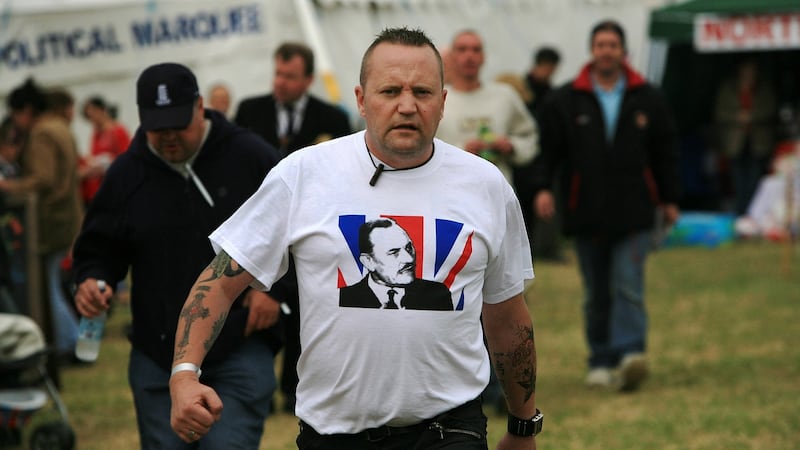 A British National Party supporter, wearing a T-shirt depicting British politician Enoch Powell, at a rally in 2008 in Derbyshire, England. Photograph: Christopher Furlong/Getty Images