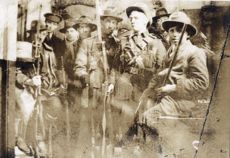 Irish Volunteers and  Irish Citizen Army members inside the GPO in 1916. Photograph: Defence Forces Military Archives