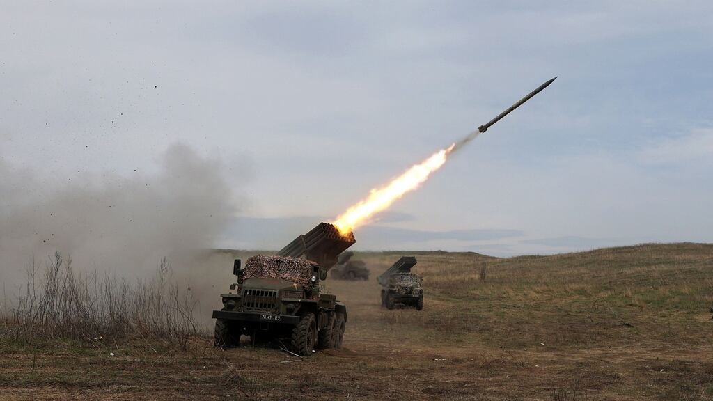 A Ukrainian multiple rocket launcher shells Russian troops’ position, near Luhansk, in Ukraine’s Donbas region, on Sunday. Photograph: Anatolii Stepanov/AFP via Getty Images