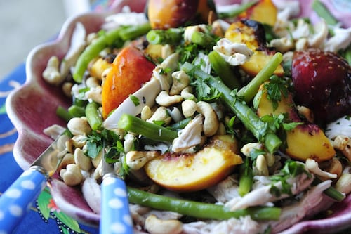 Poached chicken, green bean and peach salad
