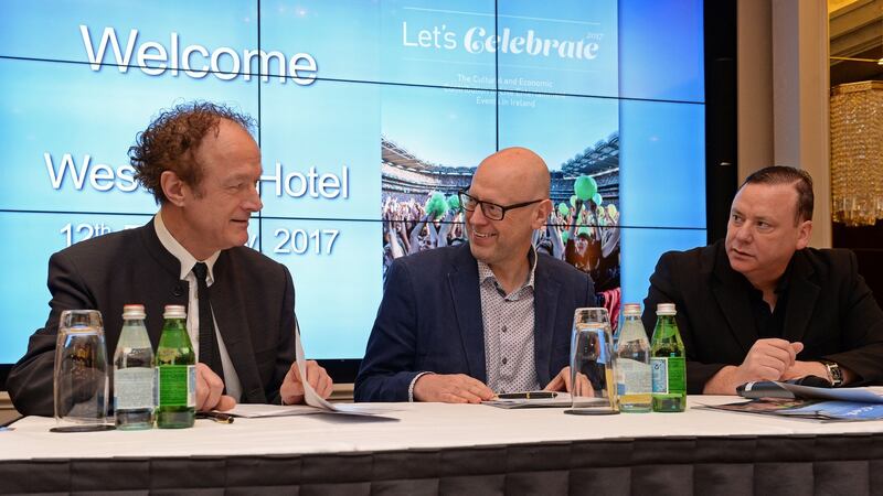 Left to right: Niall Stokes, editor Hot Press, Prof Andrew Burke, chair of Business Studies TCD, and Justin Green, Wide Awake Communications, at the launch of Let’s Celebrate: The Cultural and Economic Contribution of Live Entertainment Events in Ireland. Photograph: Eric Luke