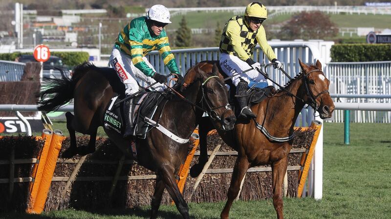 Buveur D’Air (L) and Barry Geraghty beat Melon and Paul Townend to the 2018 Champion Hurdle at Cheltenham. Photograph: James Crombie/Inpho