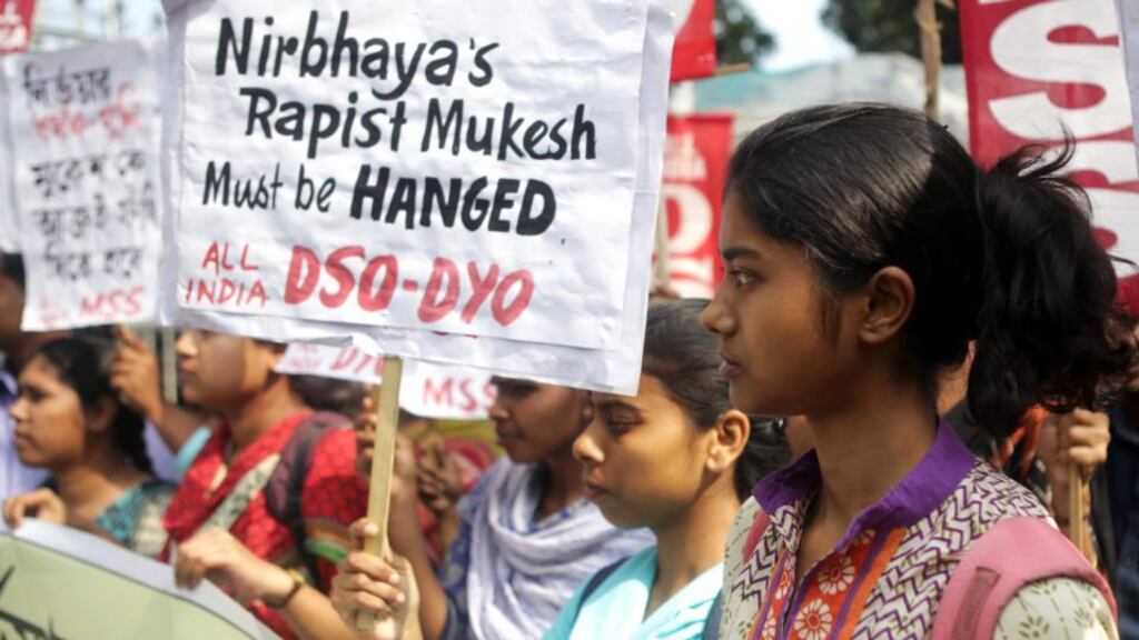 Women  hold placards during a protest in Calcutta this week  demanding the death penalty for a man convicted of gang-raping a 23-year-old female student on a bus in New Delhi in December 2012. Photograph: Piyal Adhikary/EPA