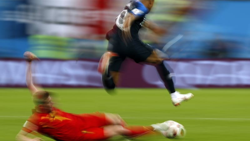 Belgium’s Kevin De Bruyne attempts to dispossess Kylian Mbappé during the World Cup semi-final. Photograph: Odd Andersen/AFP/Getty Images