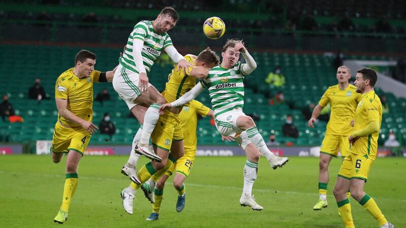 Celtic’s Shane Duffy (left) heads the ball during Monday’s Scottish Premiership match against Hibernian at Celtic Park. Photograph: Jane Barlow/PA Wire