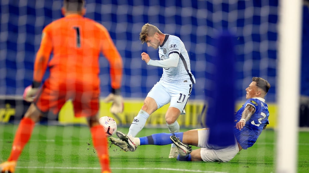 Chelsea’s Timo Werner in action against Brighton on his debut. Photograph: EPA