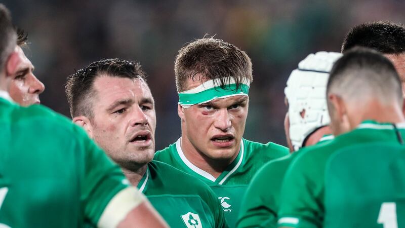 Cian Healy and Josh van der Flier after the defeat to the All Blacks. Photo: Billy Stickland/Inpho