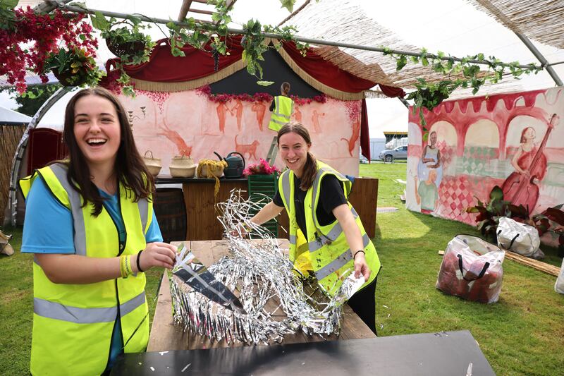 Minna Kavanagh and Suzannah Raben setting up the Piano Bar in Trailer Park on Tuesday. Photograph: Dara Mac Dónaill