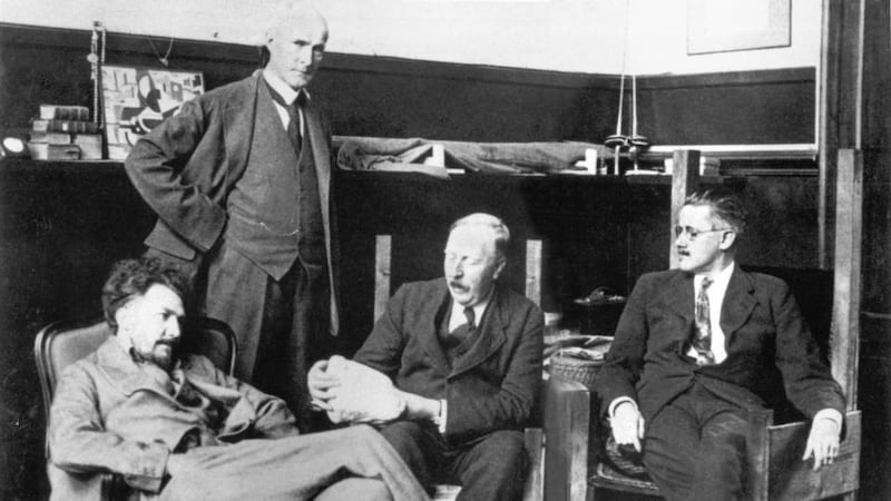 Mainstays of modernism: Ezra Pound, the attorney John Quinn, Ford Madox Ford and James Joyce in Pound’s Paris studio in 1923. Photograph from Joyce Images, by Bob Cato and Greg Vitiello with an introduction by Anthony Burgess (Norton, 1994)