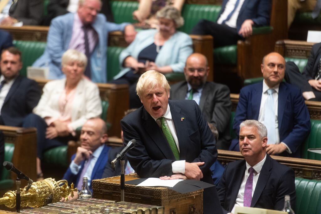Photo issued by UK Parliament of Prime Minister Boris Johnson speaking in the House of Commons, during a debate about on whether MP's have confidence in the Government. MPs were planning to spend up to six hours on Wednesday finishing the Northern Ireland Protocol Bill’s committee stage, which involves line-by-line scrutiny. Photograph: UK Parliament/Andy Bailey