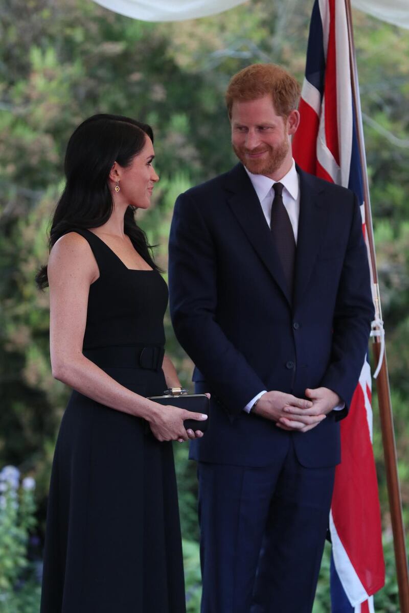 Prince Harry and Meghan at the British Ambassador’s residence at Glencairn House in Dublin at the start of their two day visit. Photogrpah: Brian Lawless/ AFP/Getty Images
