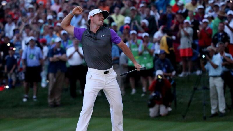 Rory McIlroy celebrates his one-stroke victory at the US PGA Championship at Valhalla Golf Club in Louisville, Kentucky. Photograph: Andrew Redington/Getty Images
