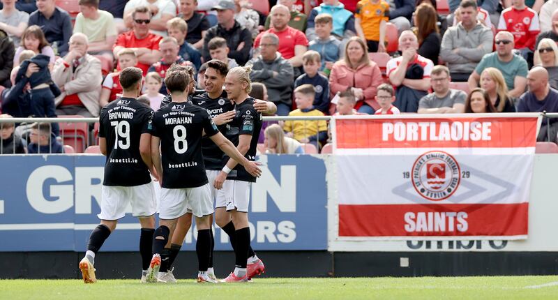 Sligo players celebrate with Max Mata after he scored against St Pat’s on Monday afternoon. Photograph: James Crombie/Inpho