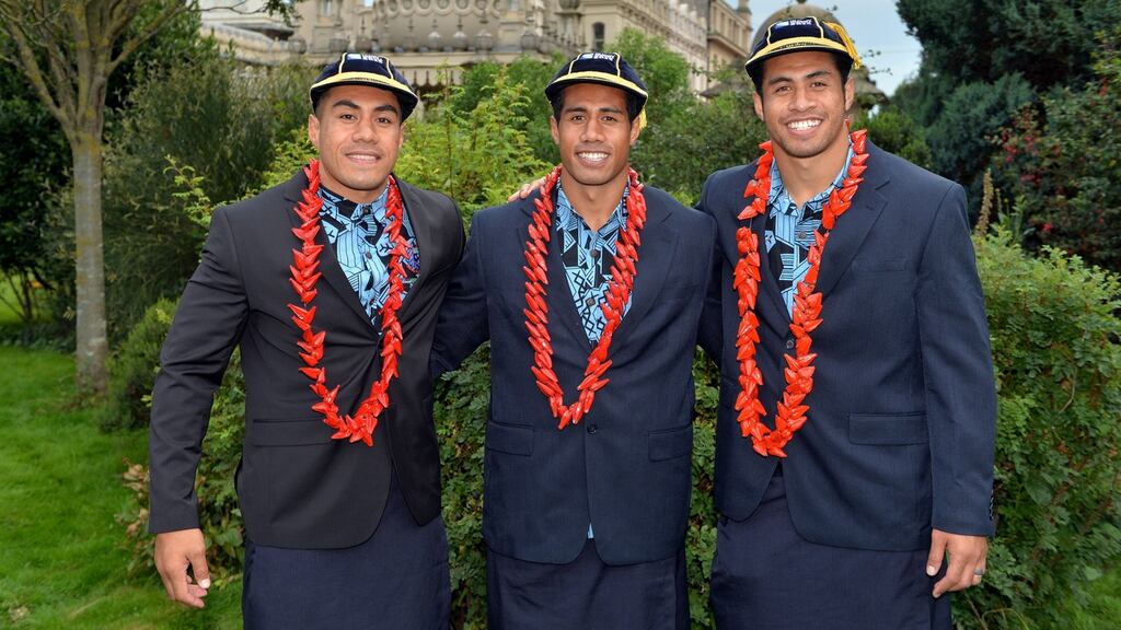 Samoa World Cup team members Tusi, Ken and George Pisi attend a welcoming ceremony at Brighton Dome. Photograph: Anthony Harvey/Getty Images