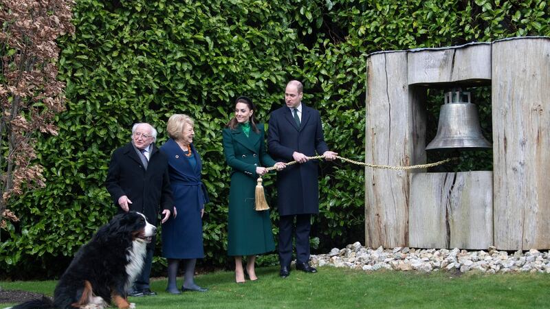 President Michael D Higgins and his wife, Sabina, and their dog Bród welcome Prince William and Kate to Ireland. Photograph: Colin Keegan/ Collins Dublin