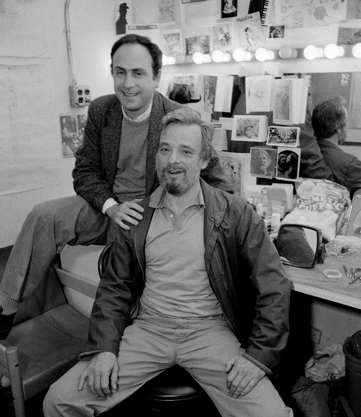 Stephen Sondheim, seated, and James Lapine, after winning the Pulitzer for Sunday in the Park with George, at the Booth Theatre in New York in 1995. Photograph: Sara Krulwich/The New York Times