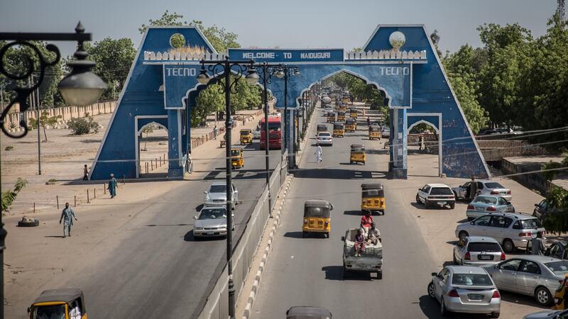 The entrance to the city reads: “Welcome to Maiduguri”. Photograph: Sally Hayden