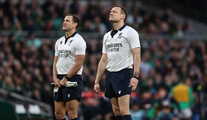 Referee Matthew Carley checks with the TMO before not awarding Tadhg Furlong of Ireland a try. Photograph: Ben Brady/Inpho