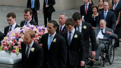 Former US president George HW Bush at the funeral service for his wife Barbara Bush, with his son, former president George W Bush, at St Martin’s Episcopal Church in Houston, Texas.