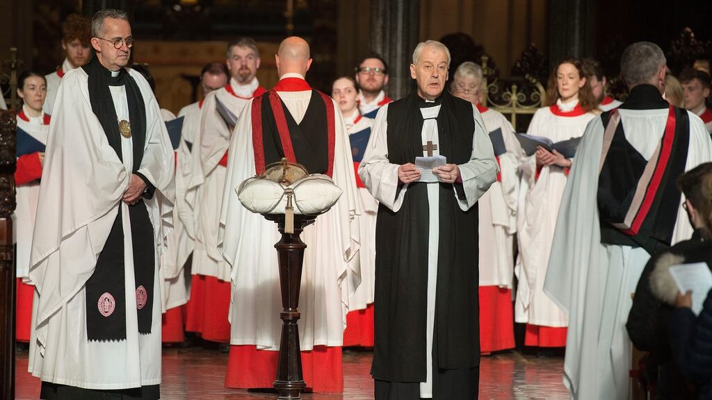 Archbishop Michael Jackson with the heart of St Laurence O’Toole, patron saint of Dublin, which was returned to Christchurch cathedral this evening after being stolen in 2012. Photograph: Dave Meehan
