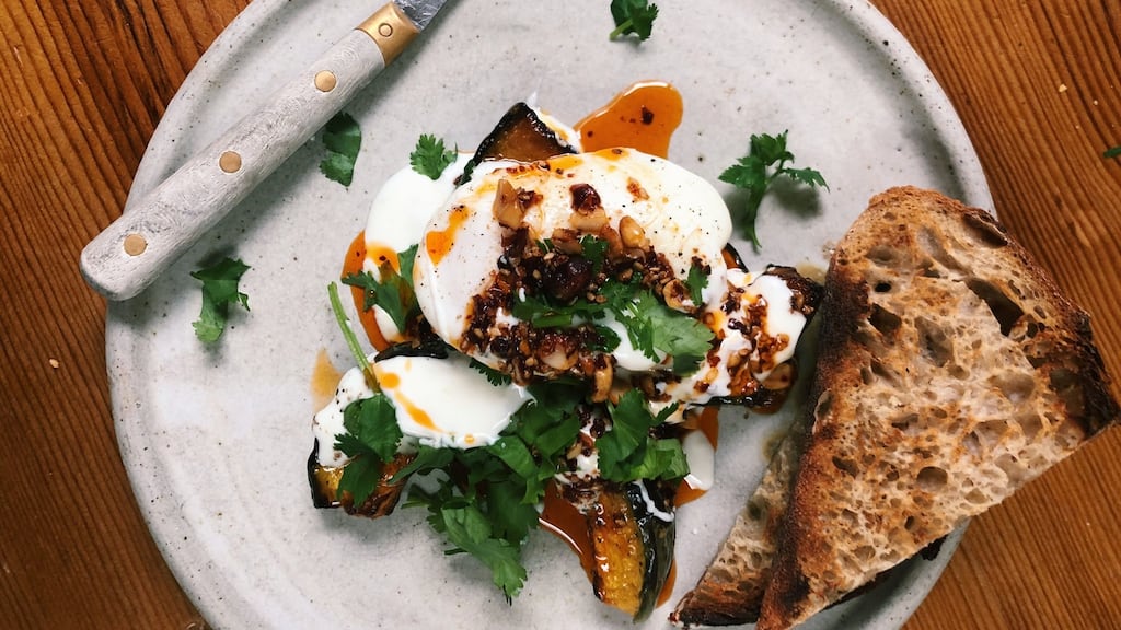 Pick up a jar of Katie’s Peanut Rayu sauce, or use a chilli sauce of your choice, to make this egg dish that’s good any time of day