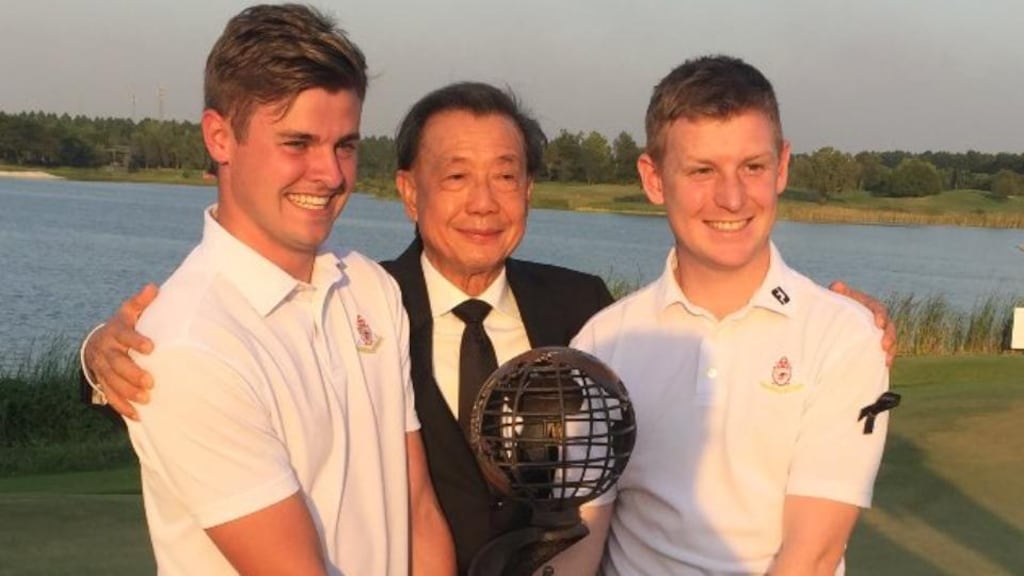 Portmarnock Golf Club’s Geoff Lenehan and Jack Pierse with Ayodhya Links Founder and Chairman, Pitak Intrawityanunt after winning the World Club Championship in Thailand. Photo: @WCCGolf