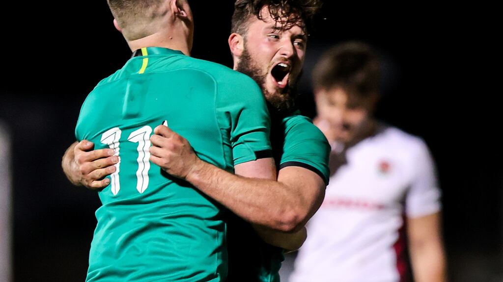 Ireland’s Fionn Gibbons and Ben Carson celebrate at the final whistle in the Under-20 Six Nations Championship game against England on March 12th. Photograph: Ben Brady/Inpho
