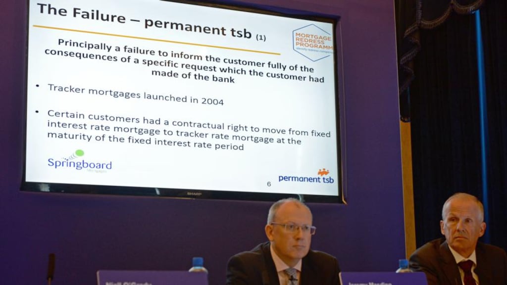 Permanent TSB’s Jeremy Masding (left), group chief executive, and Alan Cook, chairman, at the bank’s mortgage redress press conference this week. Photograph: Eric Luke / The Irish Times