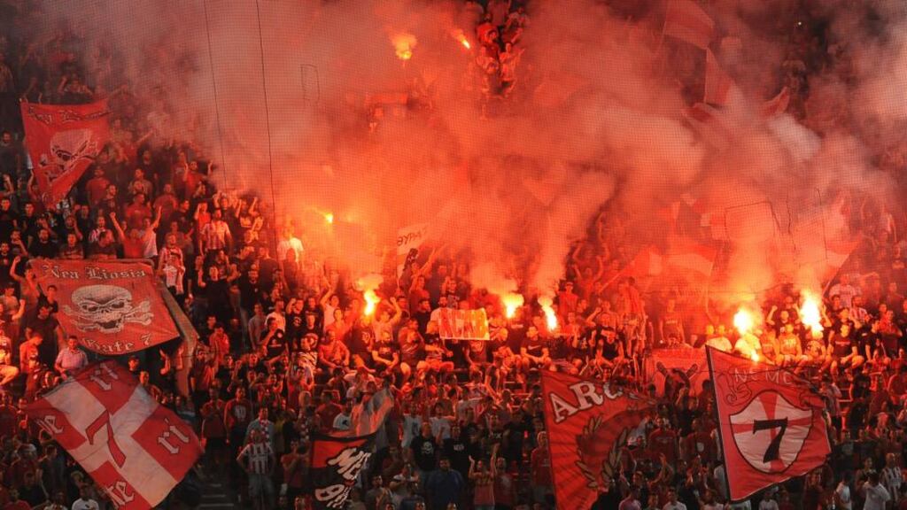 The section of the Olympiakos stadium housing the Gate 7 ultras. Photograph: Valerio Pennicino/Getty Images