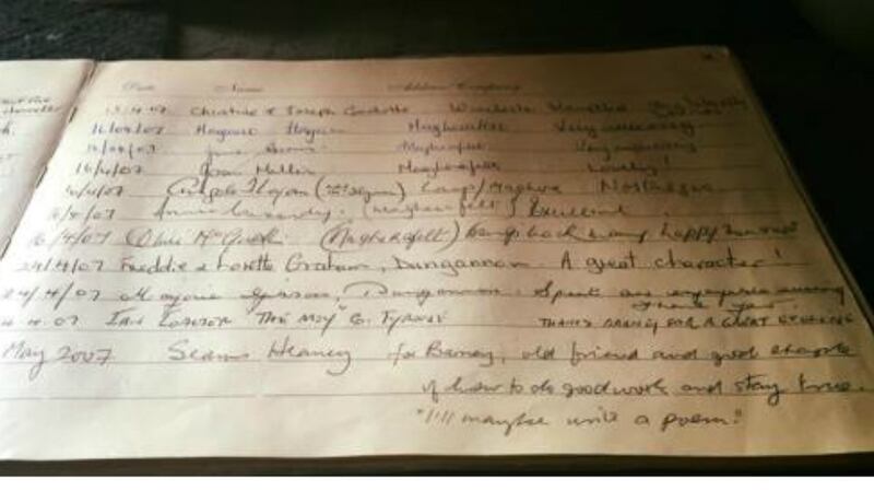 The note from Seamus Heaney in Barney Devlin’s visotirs’ book: a tribute that is as fitting an obituary as any. “For Barney, old friend and good example of how to do good work and stay true. ‘I’ll maybe write a poem.’”