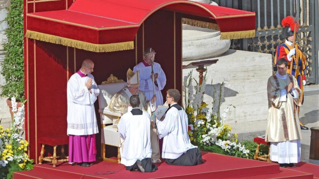 Pope Francis leads the mass on the occasion of the end of the extraordinary synod of the family and the beatification of Paul VI in St Peter’s Square, Vatican City. Photograph: Maurizio Brambatti/EPA