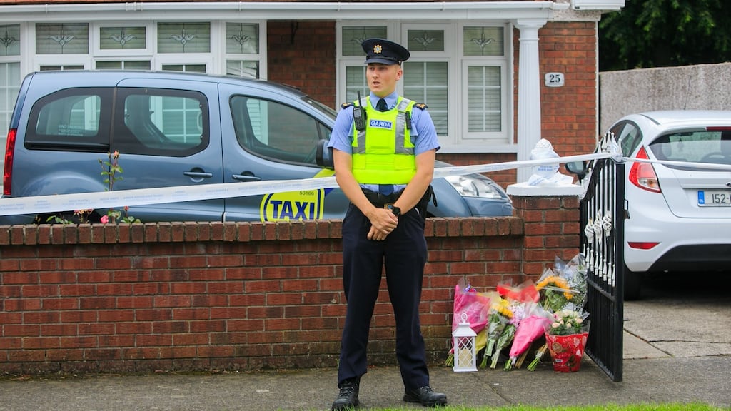 Flowers at the scene following the fatal assault of Jean Eagers on Willow Wood Hartstown, Dublin. Photograph: Gareth Chaney/Collins