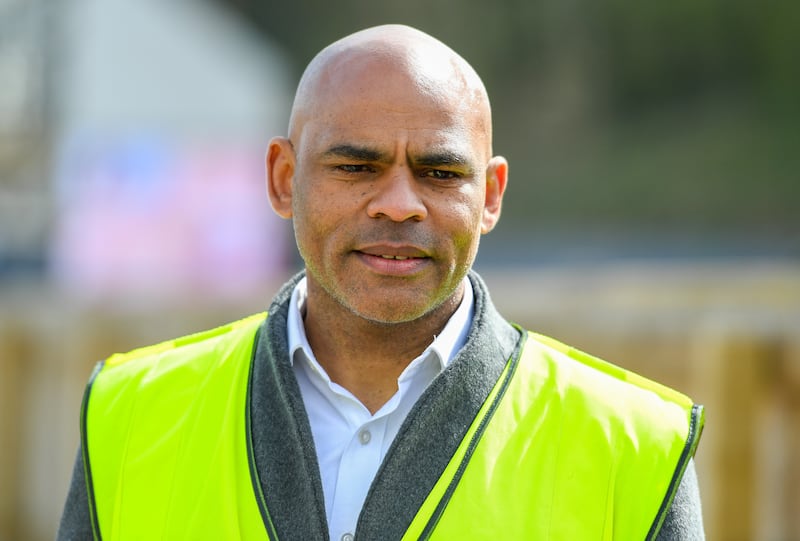 Marvin Rees touring construction works in Bristol, England, in 2021. Photoggraph: Finnbarr Webster/Getty Images