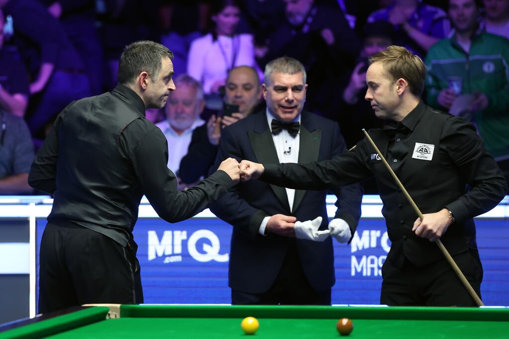 Ronnie O’Sullivan and Ali Carter during the final of the Masters at Alexandra Palace. Photograph: Richard Pelham/Getty Images