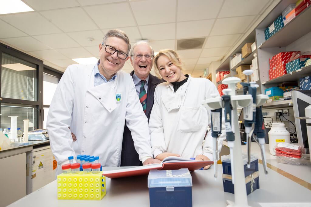 Cancer researcher Louise Watson with her grandad Gordon Watson, a retired breast cancer surgeon; and her father Bill Watson, professor of cancer biology at the UCD School of Medicine, at the Royal College of Surgeons in Dublin. Photograph: Tom Honan