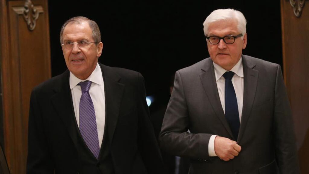 Russian foreign minister Sergey Lavrov (left) with German foreign minister Frank-Walter Steinmeier upon Mr Lavrov’s arrival to meet Ukrainian foreign minister Pavlo Klimkin and French foreign minister Laurent Fabius to discuss the ongoing conflict in eastern Ukraine at Villa Borsig, Berlin, Germany, on January 21st, 2015. Photograph Sean Gallup/Getty Images