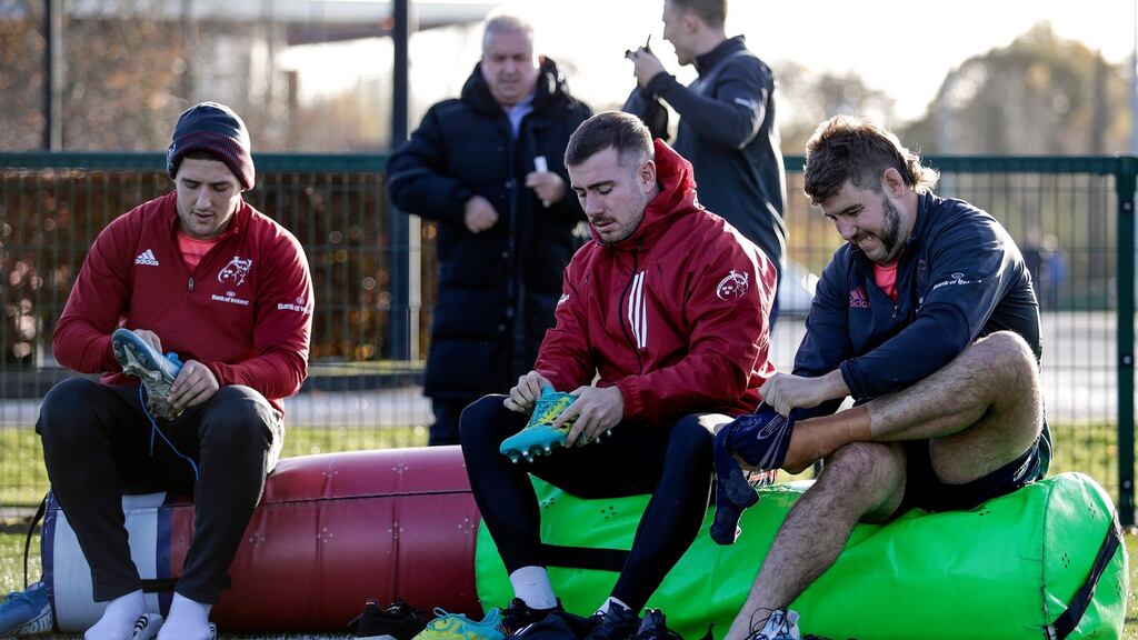 Munster’s Dan Goggin, JJ Hanrahan and Rhys Marshall at training ahead of the Champions Cup clash with Racing 92. Photo: Laszlo Geczo/Inpho