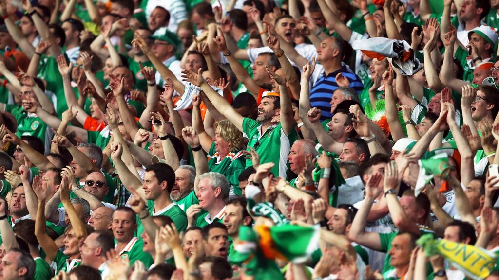 Irish fans celebrate during EURO 2016 at Stade Pierre Mauroy in Lille Metropole, France, 22 June 2016. Photograph: EPA/Laurent Dubrule
