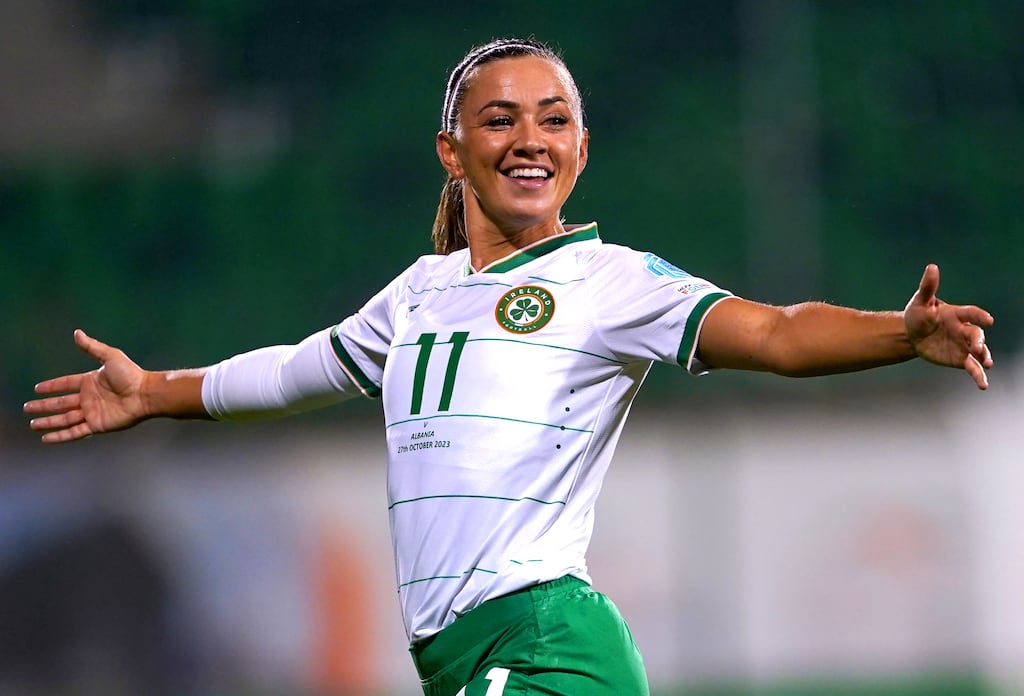 Republic of Ireland's Katie McCabe celebrates scoring her side's fifth goal. Photograph: Brian Lawless/PA Wire